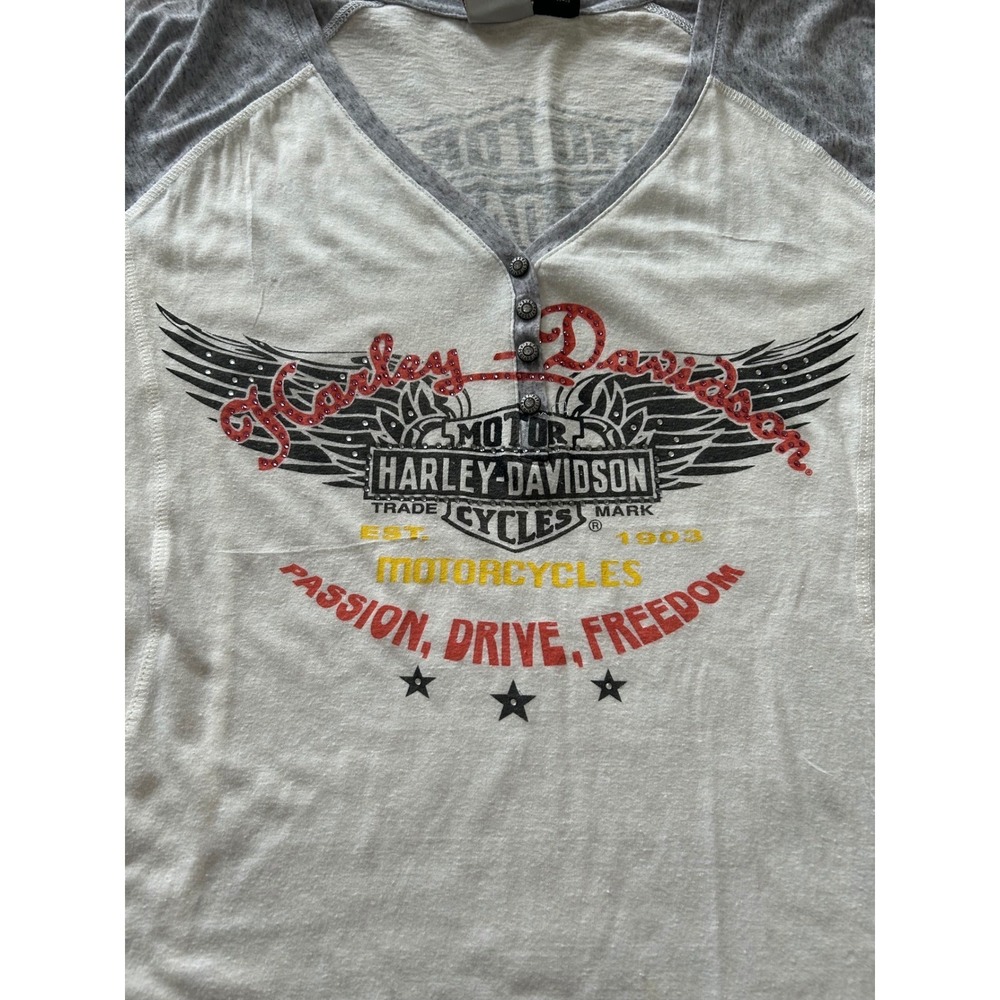 Harley-Davidson Womens Henley Raglan Graphic Top Grey Cream Rhinestone Logo XL